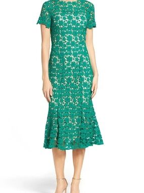 Shoshanna Emerald Green Floral Lace Midi Dress